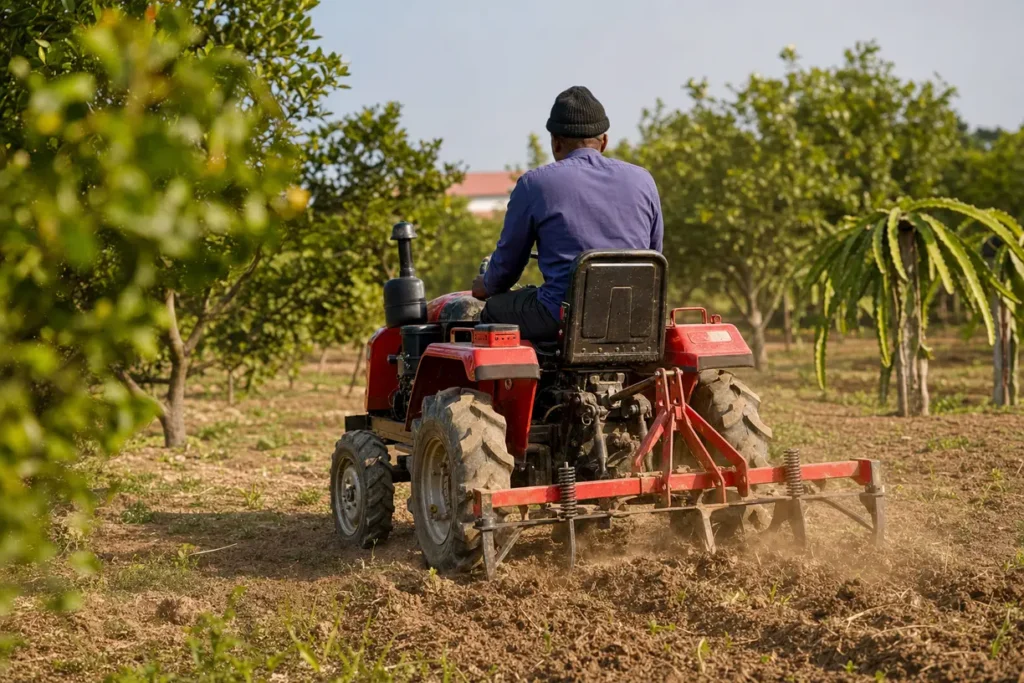 mini traktor w gospodarstwie podczas suszy
