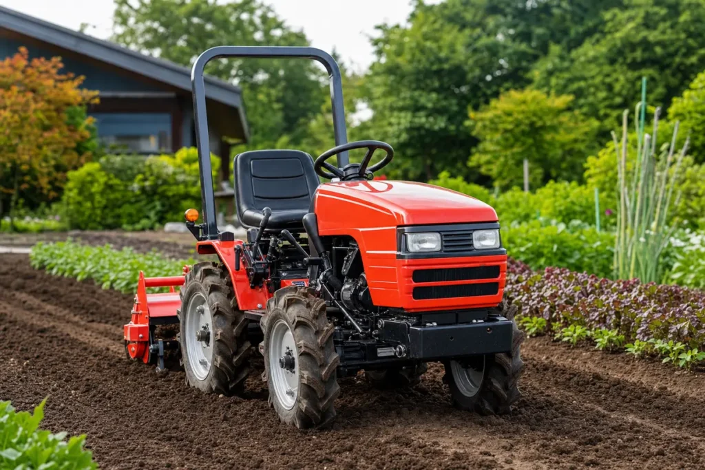 Mini traktor w ogrodzie z osprzętem do prac rolniczych