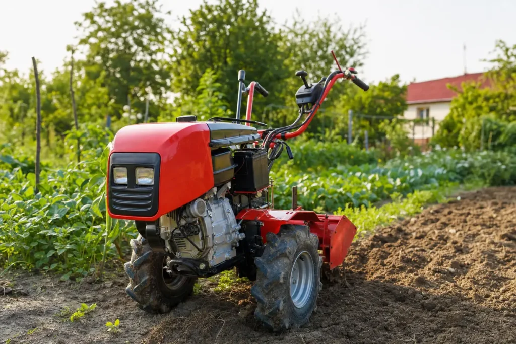 mini koparka w akcji na działce podczas prac drenarskich