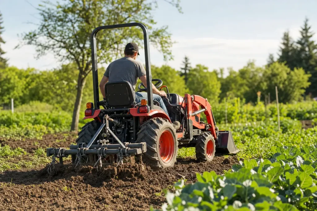 Mini traktor w akcji na polu lub w ogrodzie